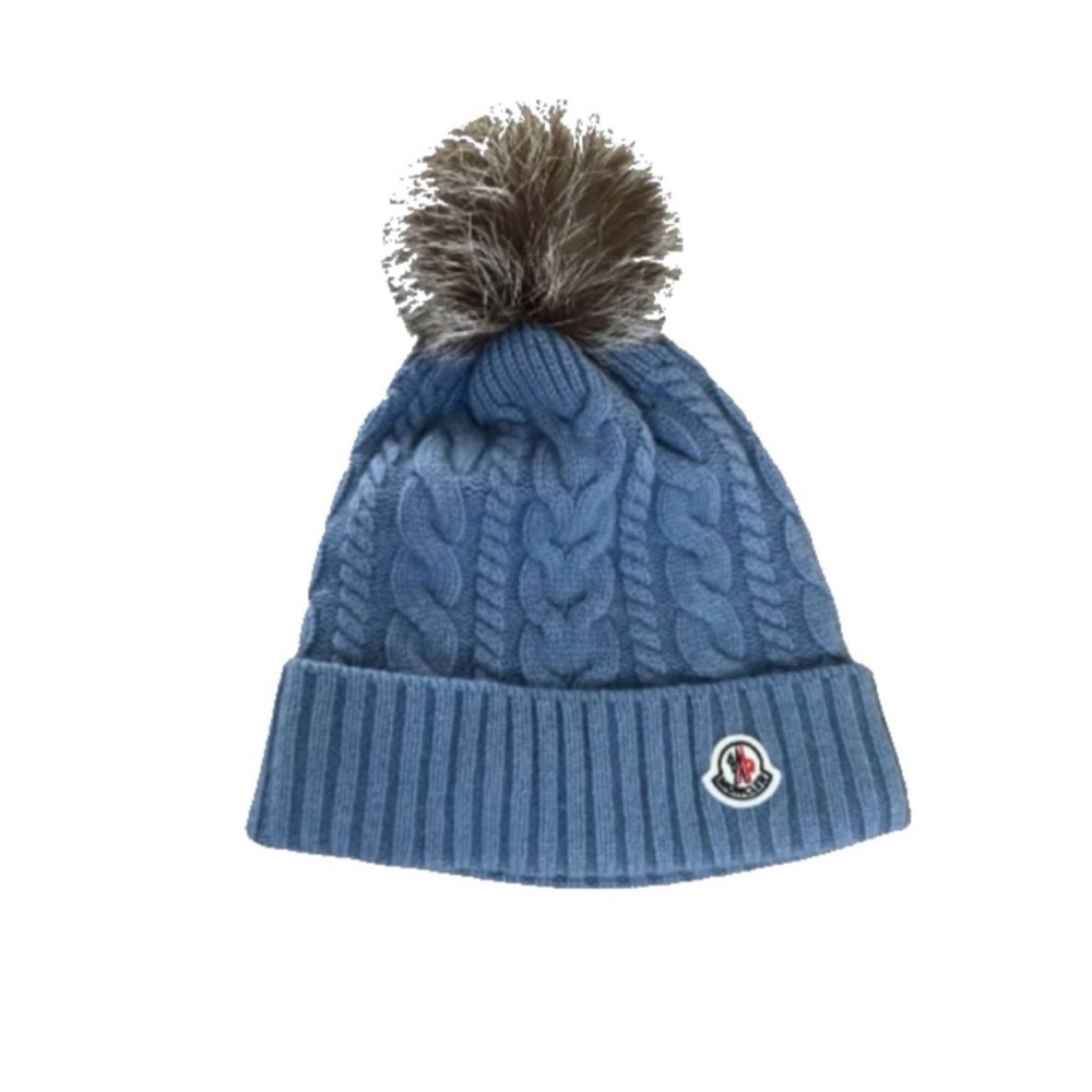 Moncler-Style Blue Cable Knit Pom Beanie for Kids